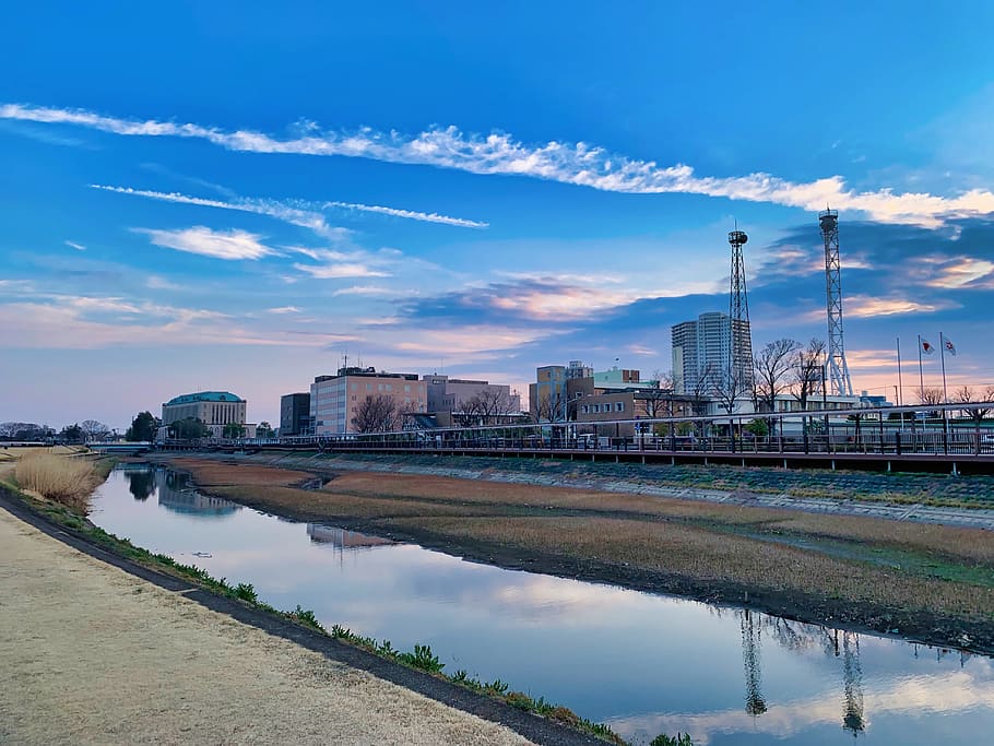 blue, canal, clouds, evening, japan, koshigaya, outdoors, saitama, HD wallpaper