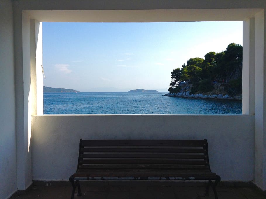 greece, skiathos, greek island, postcard, bench by the sea