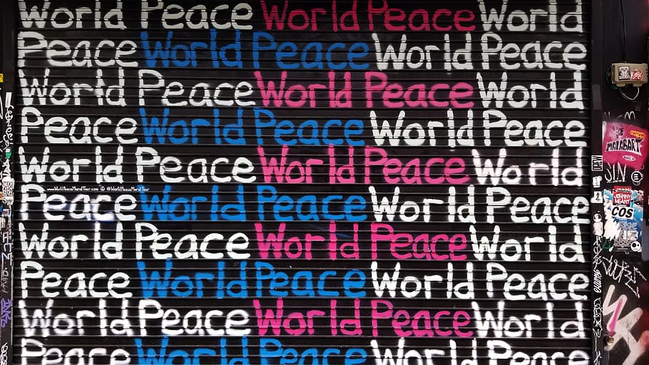 white, blue, and pink world peace painted wall, text, communication, HD wallpaper
