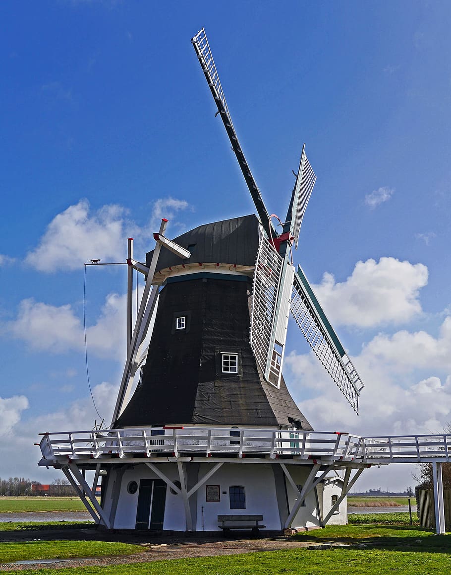 White and Black Wooden Windmill during Daytime, blue sky, building HD wallpaper