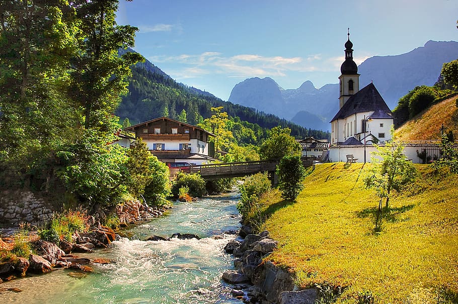 House Near Bridge and Body of Water, alpine, architecture, buildings HD wallpaper
