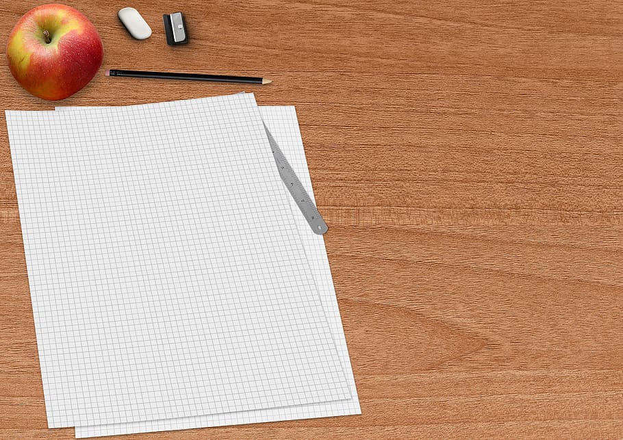 paper, block, pencil, apple, eraser, spitzer, pencil sharpener, HD wallpaper