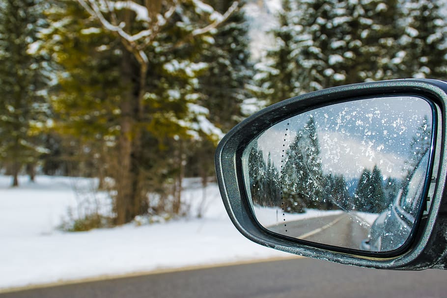 Framed Side Mirror Beside Snow Covered Field, automobile, car, HD wallpaper