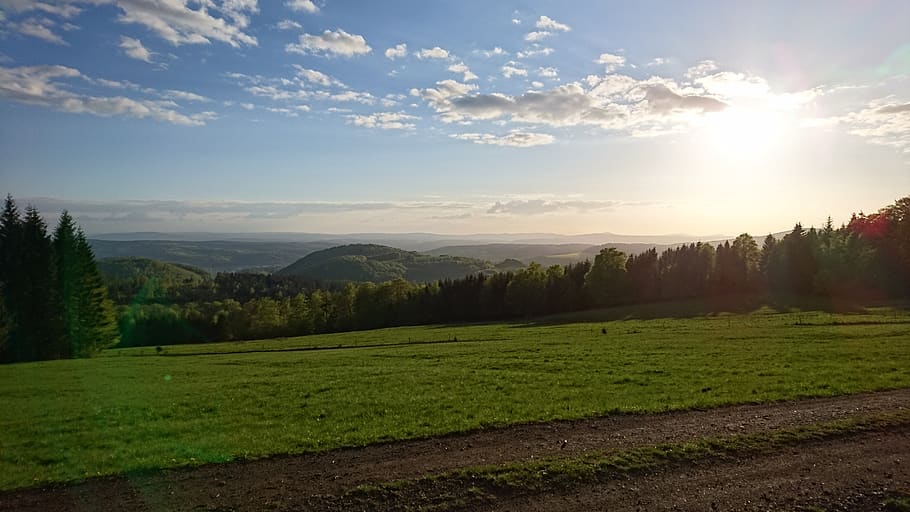 landscape, mountains, summer, spacious, sun, sky, clouds, rennsteig HD wallpaper