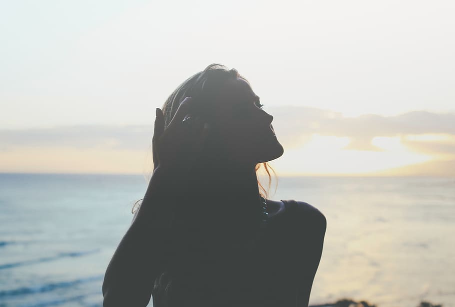 woman, pose, posing, silhouette, hair, beach, sunset, water HD wallpaper