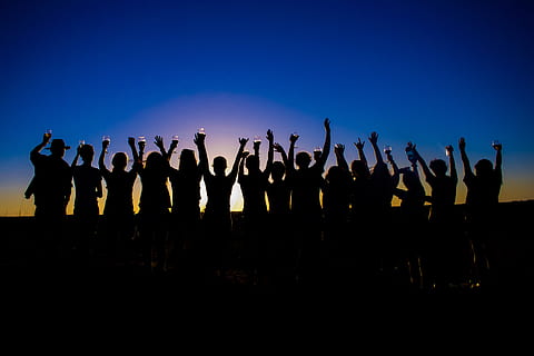 person, human, crowd, party, hand, silohuettes, a toast, people HD wallpaper
