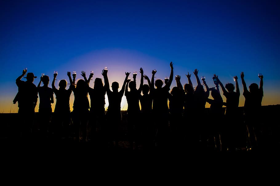person, human, crowd, party, hand, silohuettes, a toast, people HD wallpaper