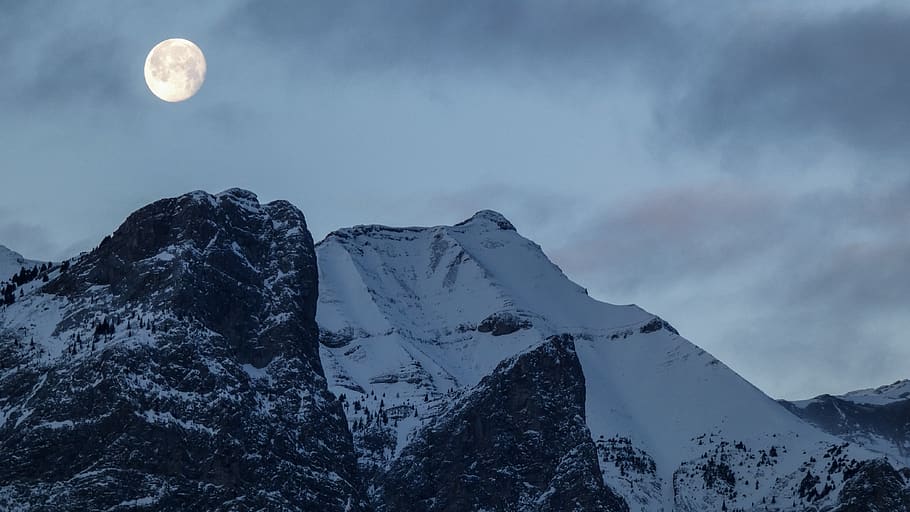 full moon and mountain, nature, outdoors, ice, mountain range HD wallpaper