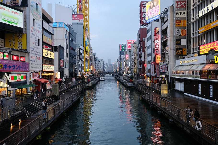 osaka, dotonbori, japan, people, street, lights, canal, city