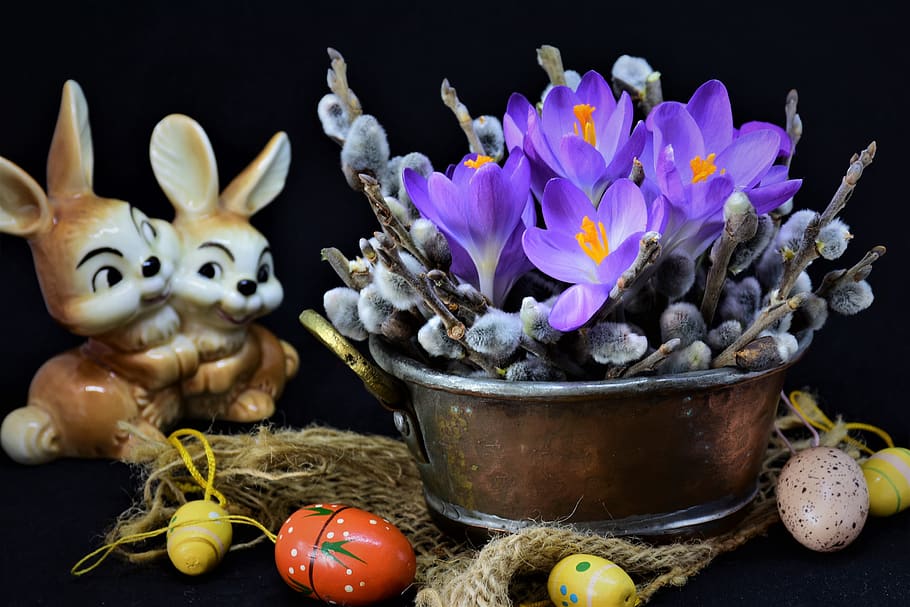 easter, easter theme, still life, crocus, palm branches, early bloomer HD wallpaper