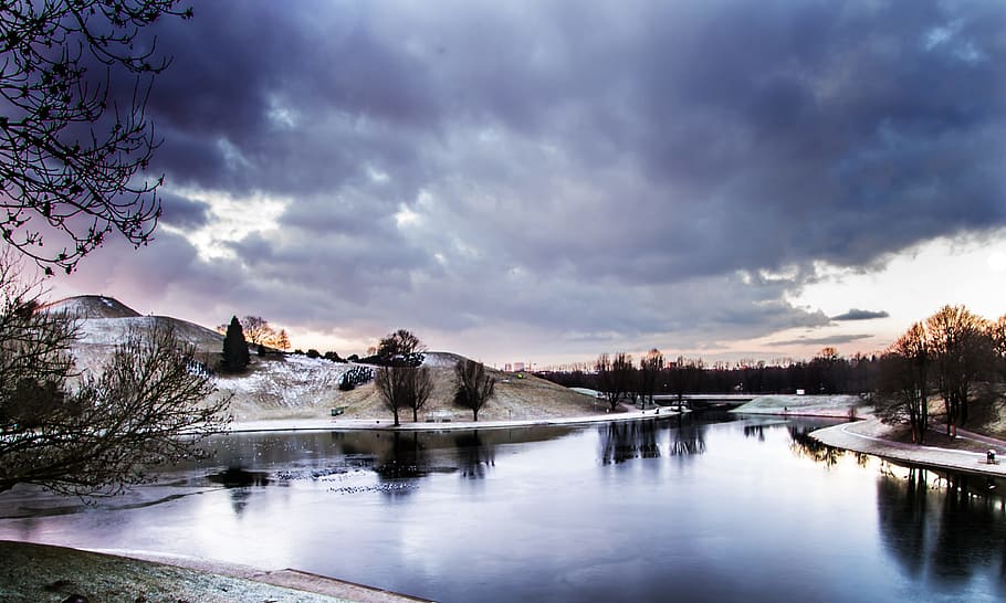 Mountain Near Body of Water, clouds, dawn, dusk, evening, lake HD wallpaper