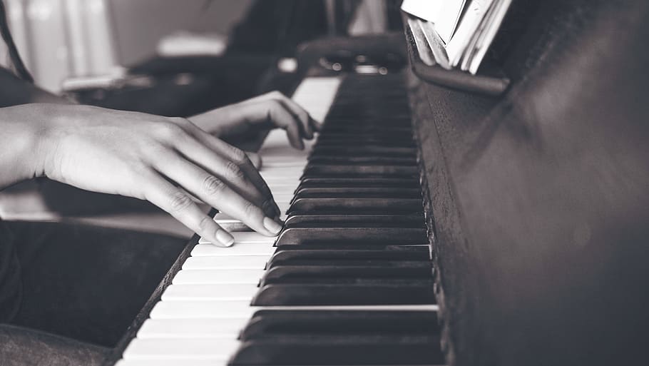 person playing upright piano in sephia photography, keys, musician, HD wallpaper