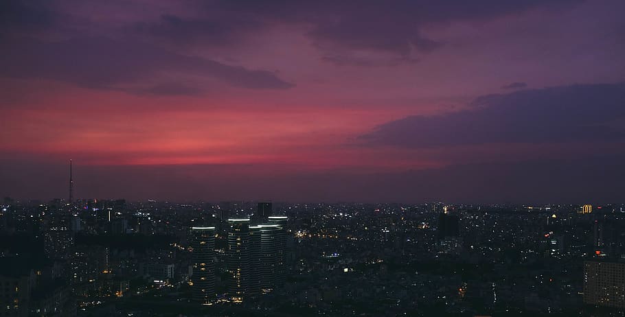 cityscape under purple sky, nature, outdoors, landscape, sunset HD wallpaper