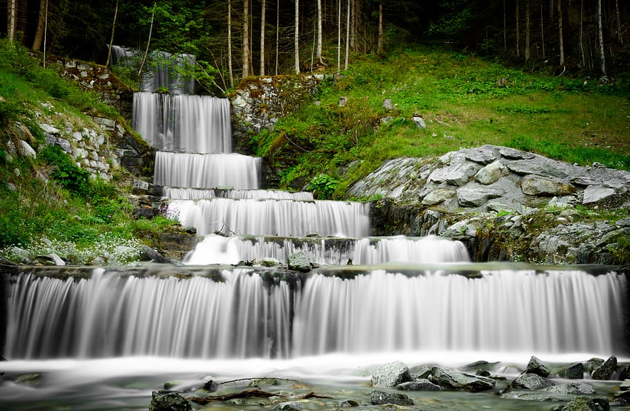 austria, badgastein, waterfall, forest, plant, tree, flowing water HD wallpaper