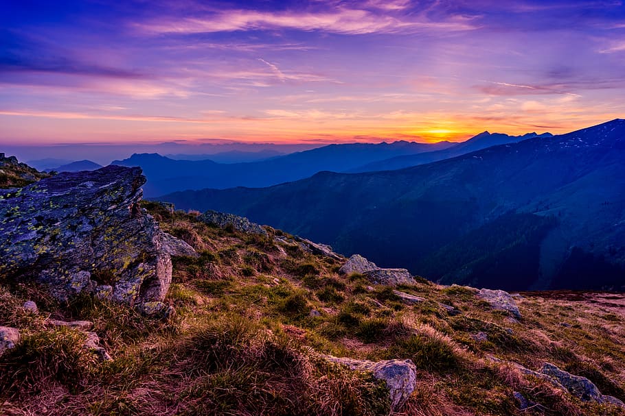 green, grass, rock, summit, peak, ridge, blue, sky, cloud, sunset HD wallpaper