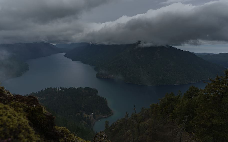 nature, landscape, water, dark, cloud, mountain, forest, tree HD wallpaper