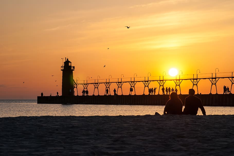 sunset, lighthouse, beach, sea, people, blank space, boardwalk HD wallpaper
