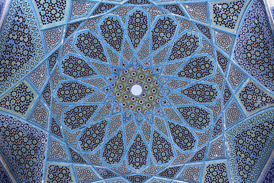 shiraz, hafez tomb, iran, pattern, texture, qashani, ceil, blue, HD wallpaper