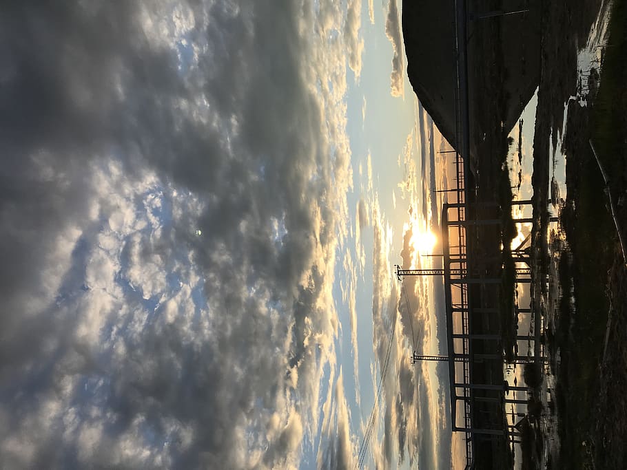 sun, power line, clouds, sky, cloud - sky, architecture, built structure HD wallpaper