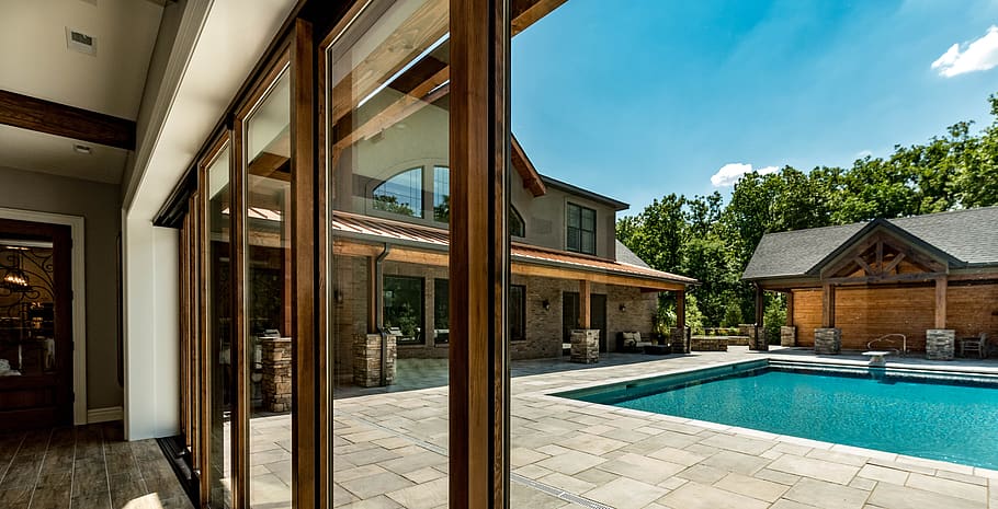 swimming pool, pool house, outside, architecture, built structure HD wallpaper