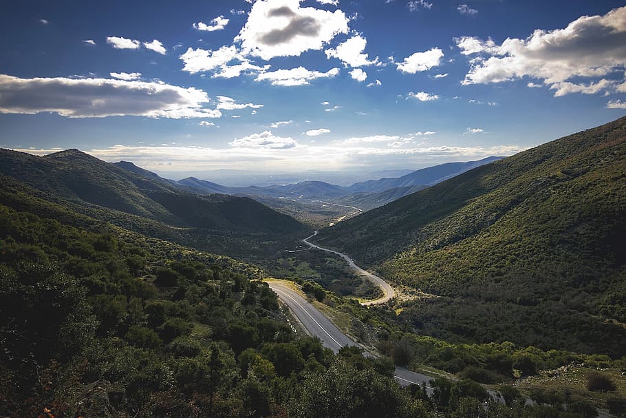 greece, landscape, mountain, road, sky, clouds, scenics - nature HD wallpaper