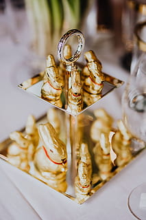 Golden Bunnies on the Tray, table, holidays, table set, chocolate HD wallpaper