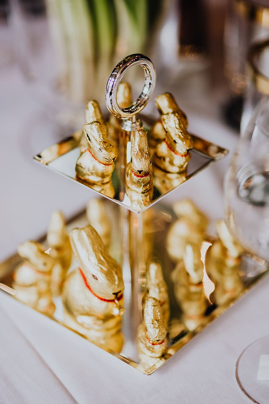 Golden Bunnies on the Tray, table, holidays, table set, chocolate HD wallpaper