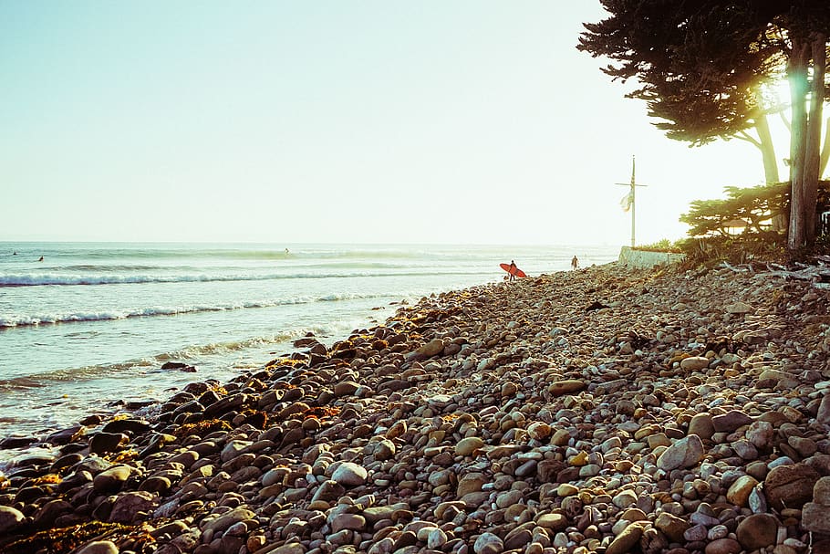 beach, rocks, ocean, water, waves, surfer, surfing, surboard HD wallpaper