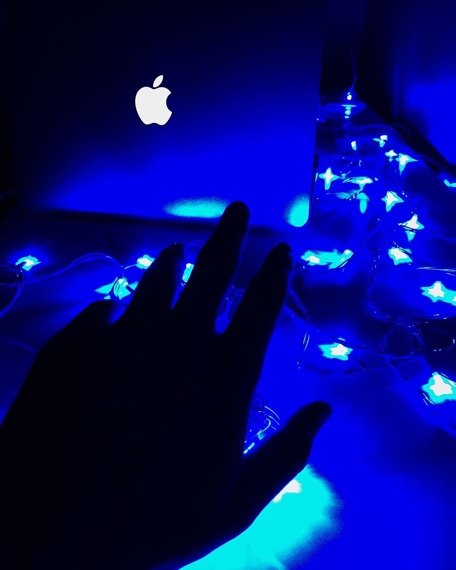 hand, palm, laptop, blue, light, dark, silhouette, apple, human hand HD wallpaper