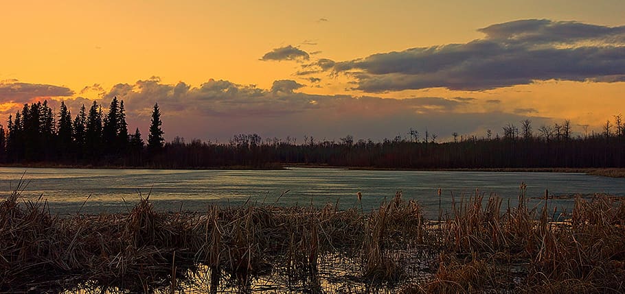 sunset, lake, landscape, sky, astotin, alberta, canada, twilight HD wallpaper