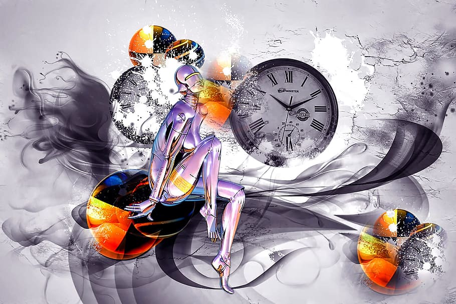 imaginary, time, lady, pose, graphic, graphical, edit, clock, HD wallpaper