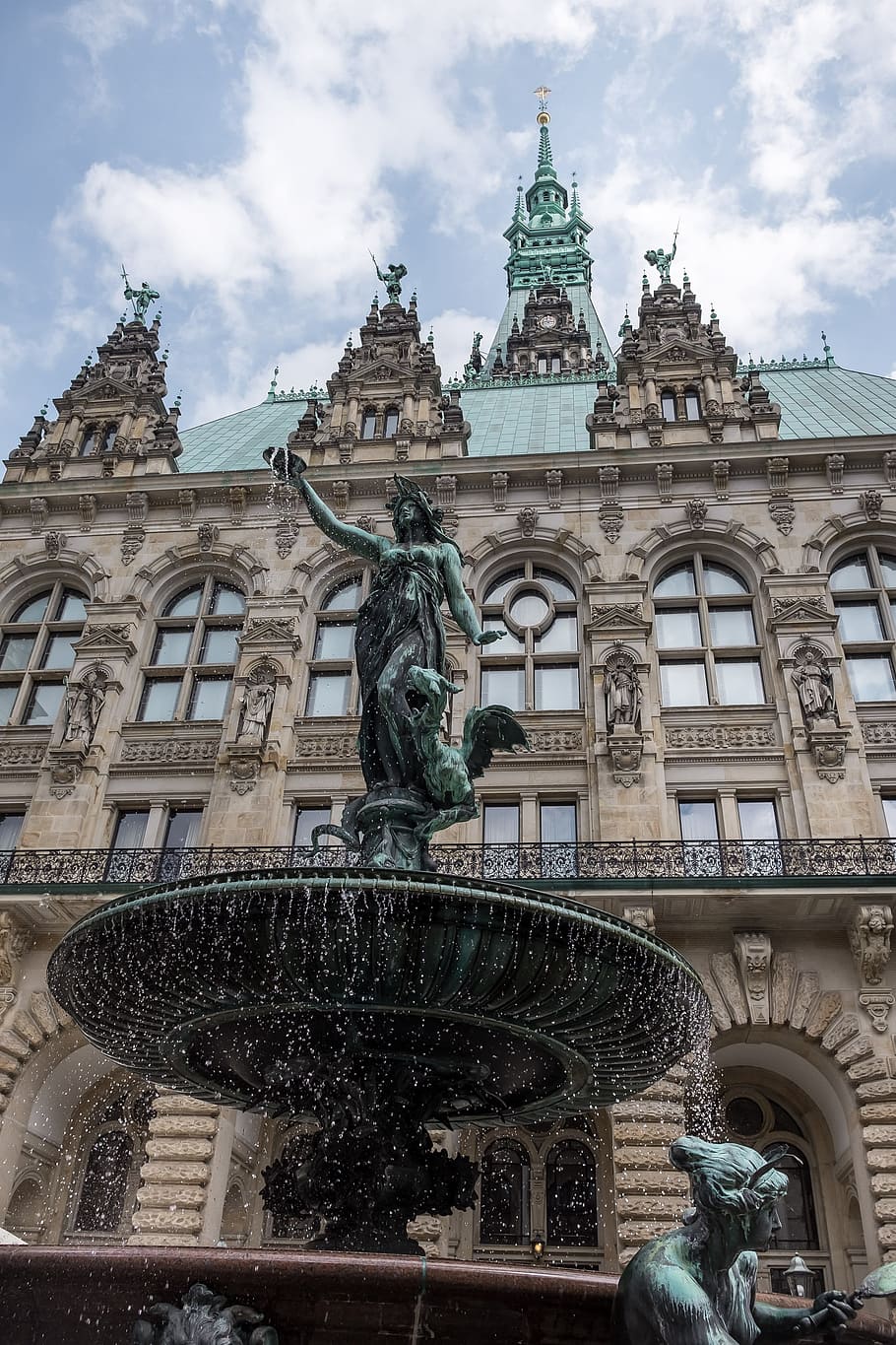 Hamburg Rathaus Fountain, architecture, building, city, cityscape, HD wallpaper