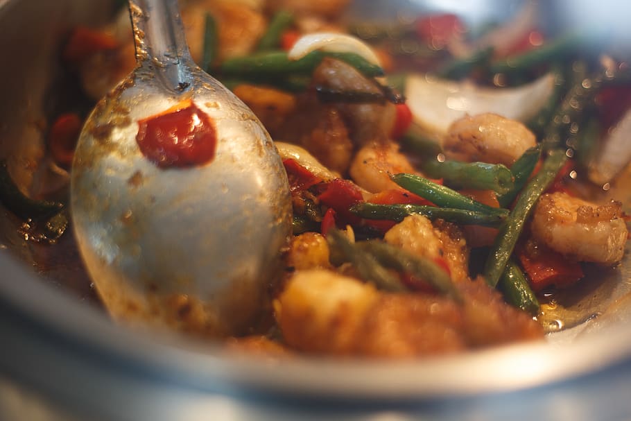 cooking, spoon, meal, asian, veggies, food, chicken, fry, stir HD wallpaper