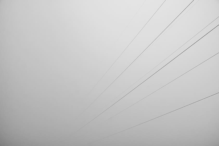 cable, power lines, electric transmission tower, fog, minimalism