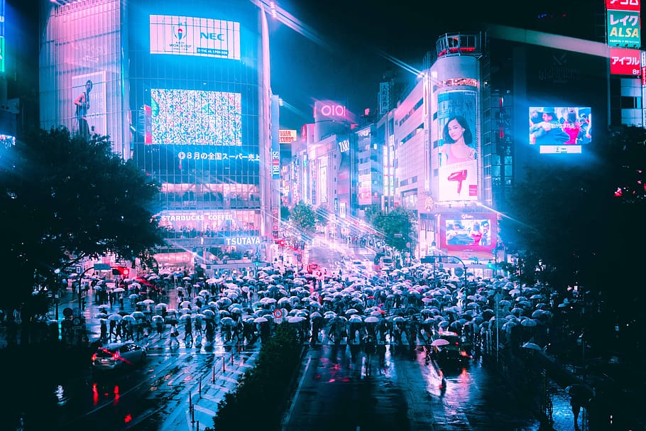 HD Wallpaper Japan Shibuya Neon Lights Neo Tokyo Umbrellas Reflection Wallpaper Flare