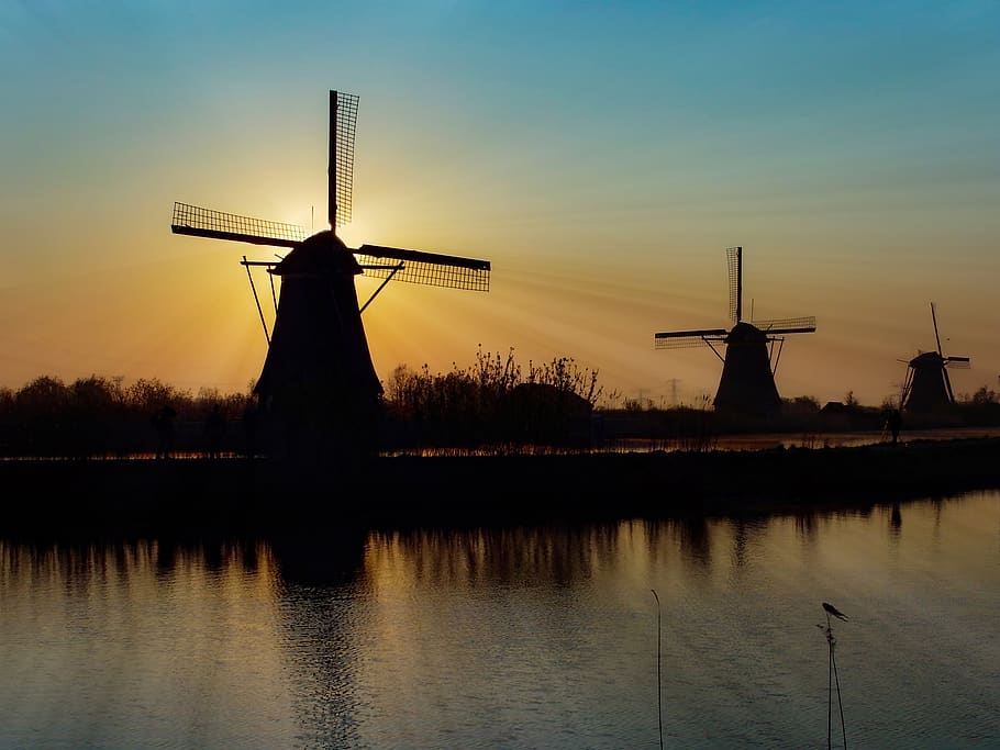 wind mile, water, sunlights, sunset, landscape, sunrise, wind turbine HD wallpaper