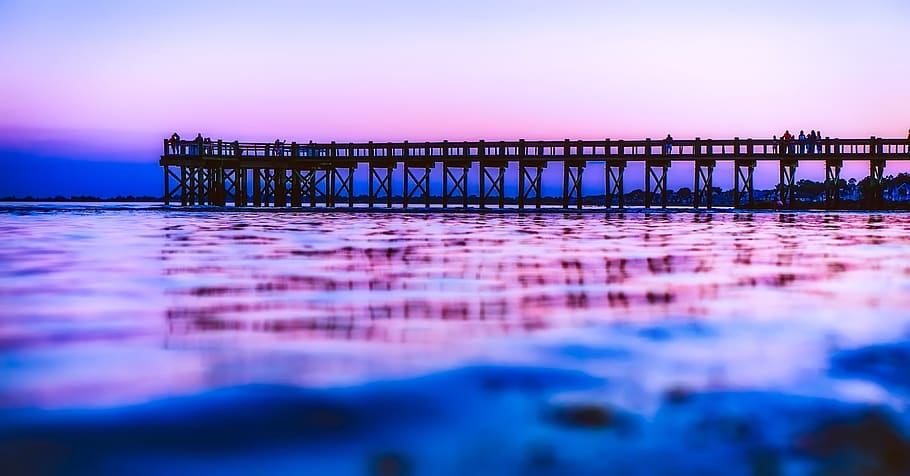 Dock at the Beach, beautiful, blue, bridge, dawn, evening, jetty HD wallpaper