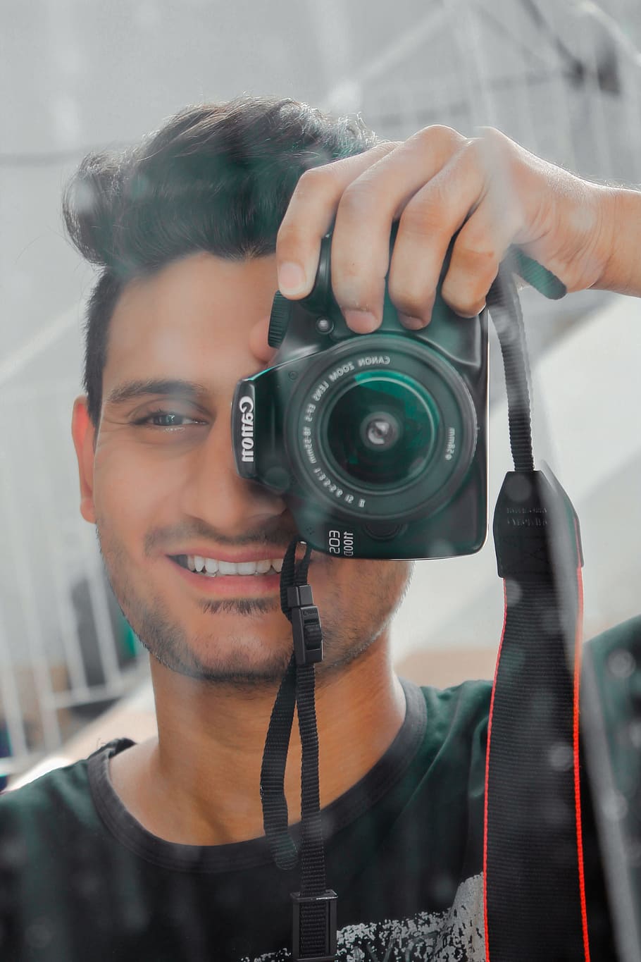 Man Holding Black Canon Eos, adult, attractive, camera, camera lens, HD wallpaper