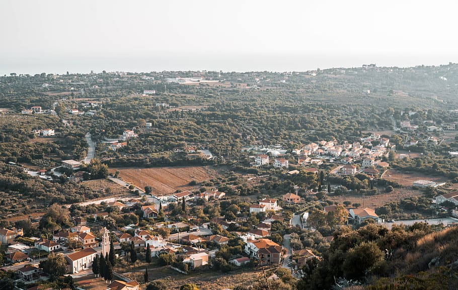 greece, cephalonia, town, small, greek, mountains, architecture HD wallpaper