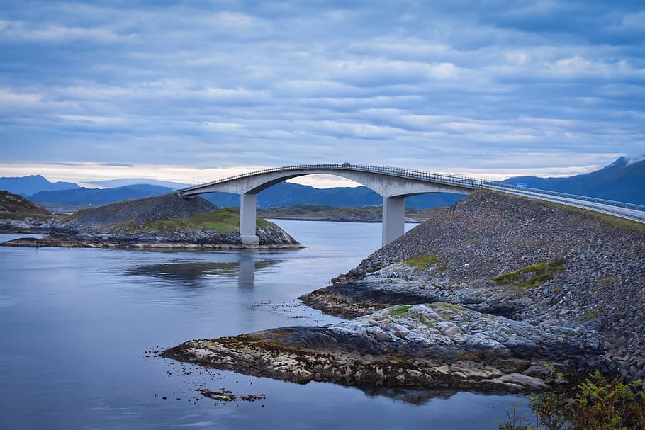 white concrete bridge under white and blue sky at daytime, norway, HD wallpaper