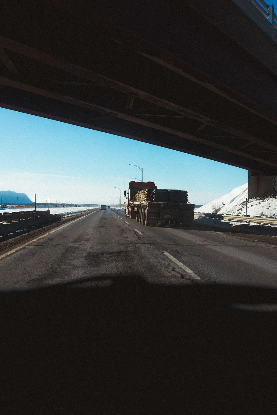 canada, quebec, overpass, road, car, 18 wheeler, snow, transportation HD wallpaper