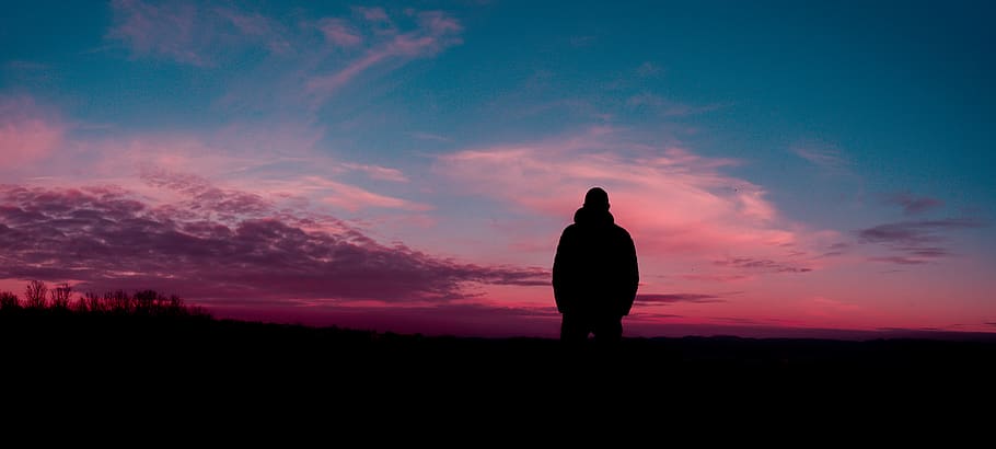 Silhouette of Human With Sunset Background, backlit, blue, clouds HD wallpaper