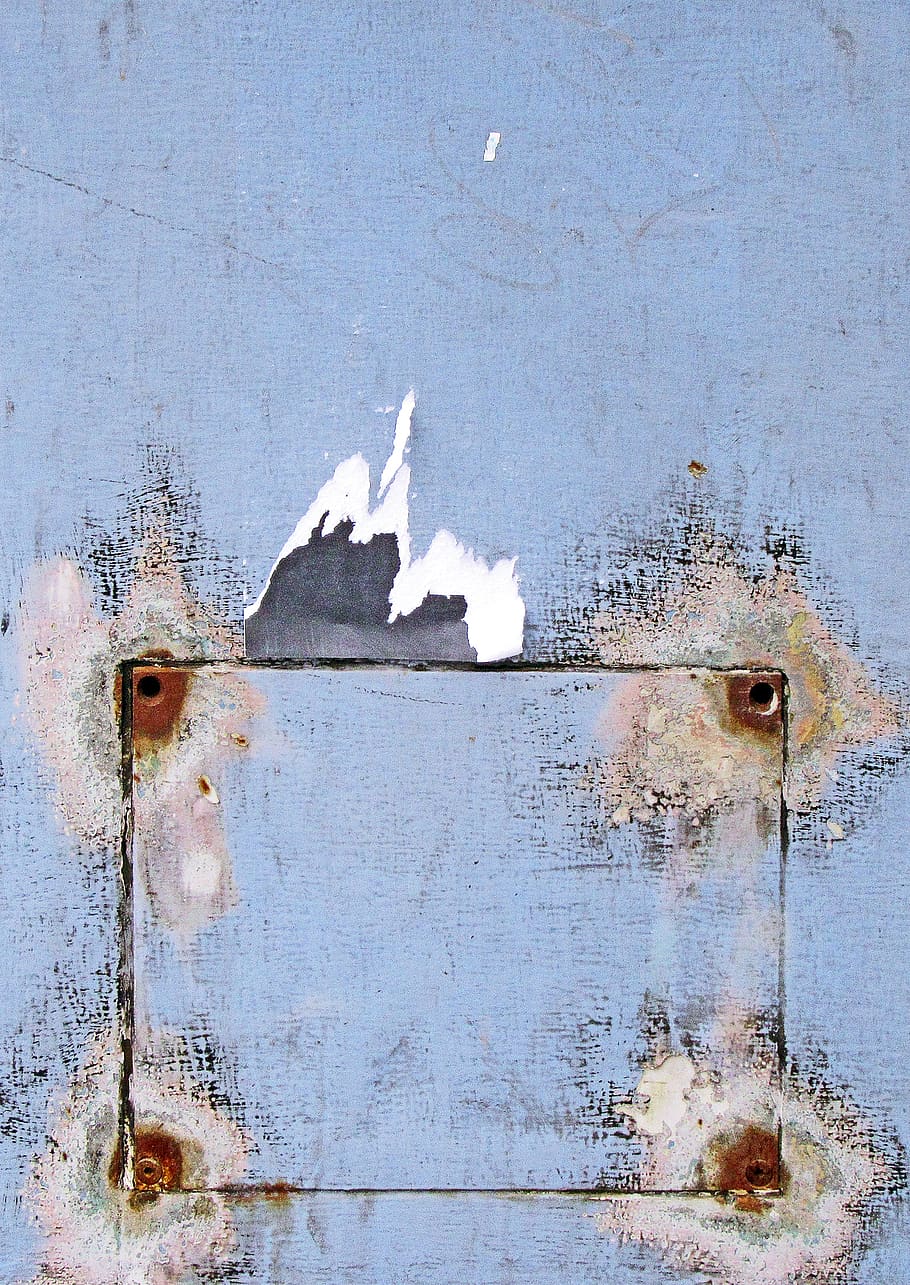 blue painted wall, rust, hole, painting, art, slate, stain, window HD wallpaper