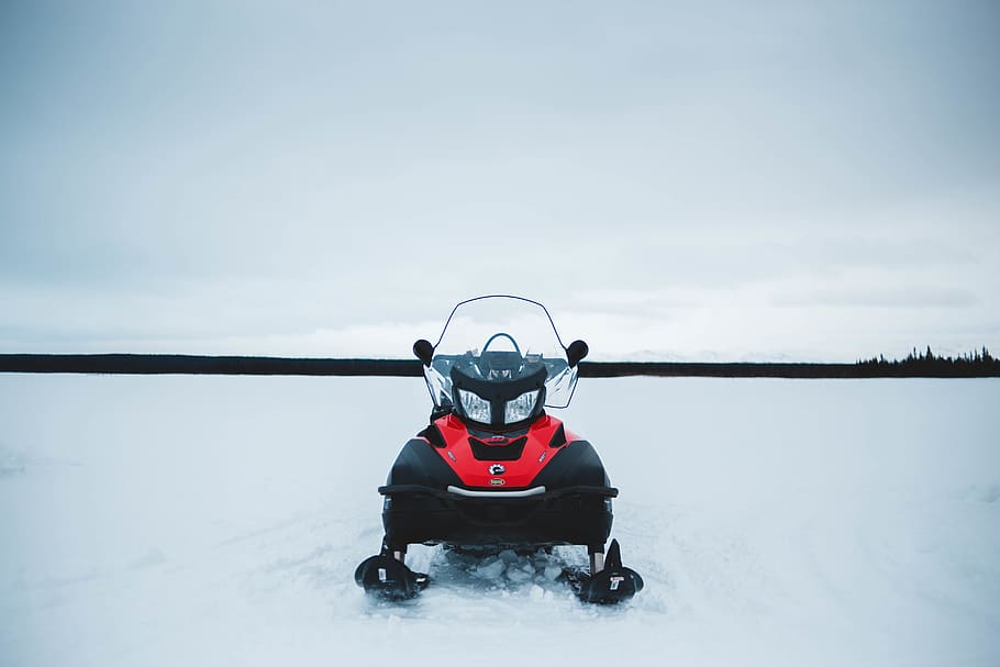 black and red snowmobile, leisure activities, adventure, outdoors, HD wallpaper