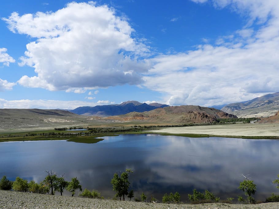 altai, mountains, river, summer, landscape, travel, clouds HD wallpaper