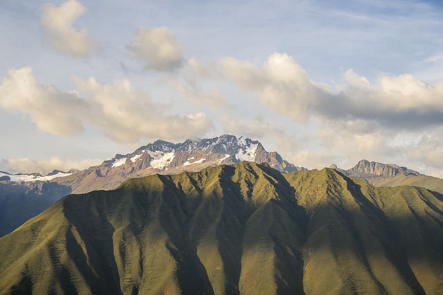 peru, landscape, sky, green, snow, mountains, clouds, nature HD wallpaper