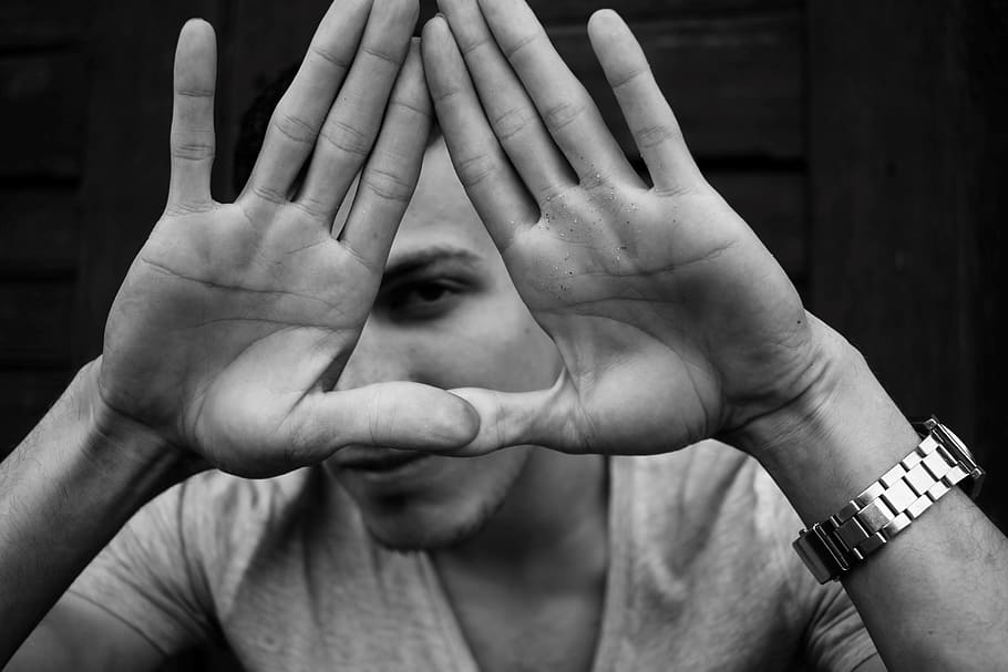human, black white, hands, triangle, finger, protect, fear, HD wallpaper