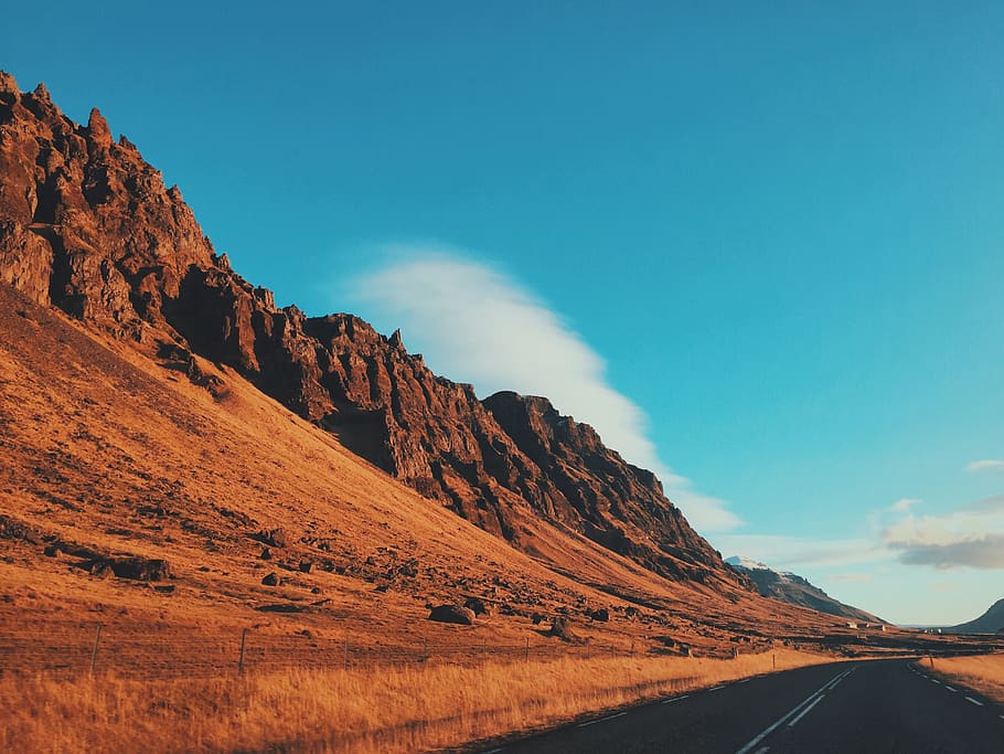 concrete road beside mountain under blue sky, highway, range, HD wallpaper