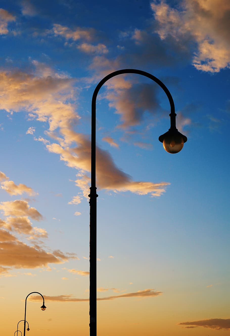 lamp post, utility pole, outdoors, nature, sky, lampshade, railing, HD wallpaper
