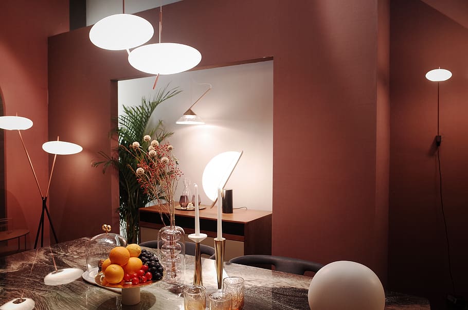 turned-on white lamps, lighting equipment, table, illuminated HD wallpaper
